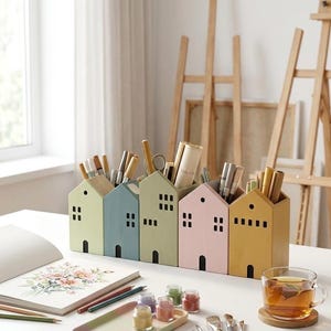 Wooden House Pencil Holder Spring Pastel Desk Organiser Scandinavian Art Studio Storage