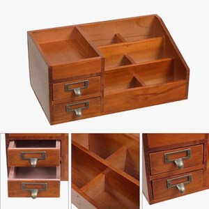 Vintage wooden desk organiser with drawers and open storage compartments