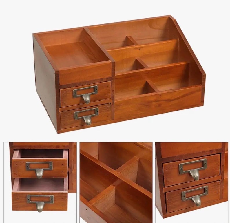 Vintage wooden desk organiser with drawers and open storage compartments