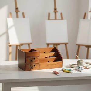 Wooden artist desk organiser with drawers for art supplies in a bright minimalist studio