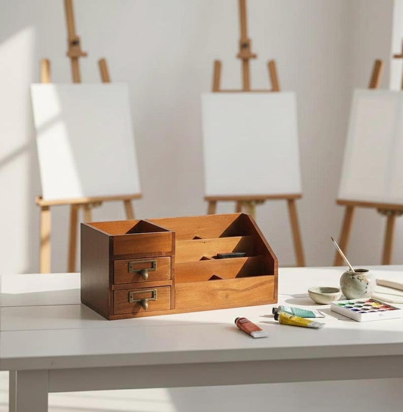 Wooden artist desk organiser with drawers for art supplies in a bright minimalist studio