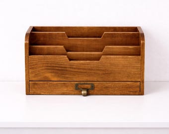 Vintage-Inspired Wooden Desk Organiser With Drawer Three Tier Letter Holder Art Studio Storage