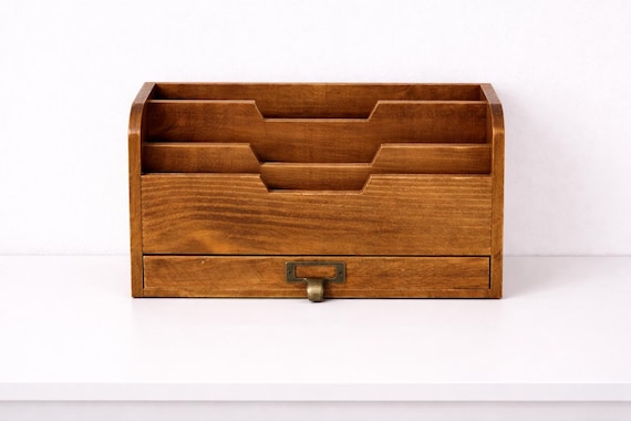 Vintage-Inspired Wooden Desk Organiser With Drawer Three Tier Letter Holder Art Studio Storage