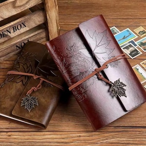 Leather Journal Notebook with Leaf Charm Artist Gift