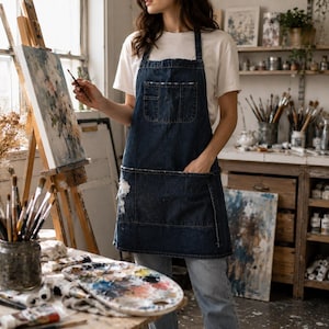 Könnte beinhalten: Eine dunkelblaue Jeansschürze mit einer großen Fronttasche und einer Brusttasche. Die Schürze hat ein abgenutztes Design auf der Vorderseite. Die Schürze wird in einem Atelier getragen, mit einem Gemälde auf einer Staffelei und Malutensilien.