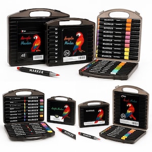 Set de rotuladores de pintura acrílica: 24/36/48 colores para lienzos de artista. Set de regalo.