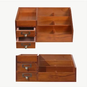 Side view of wooden desk organiser showing multiple storage sections