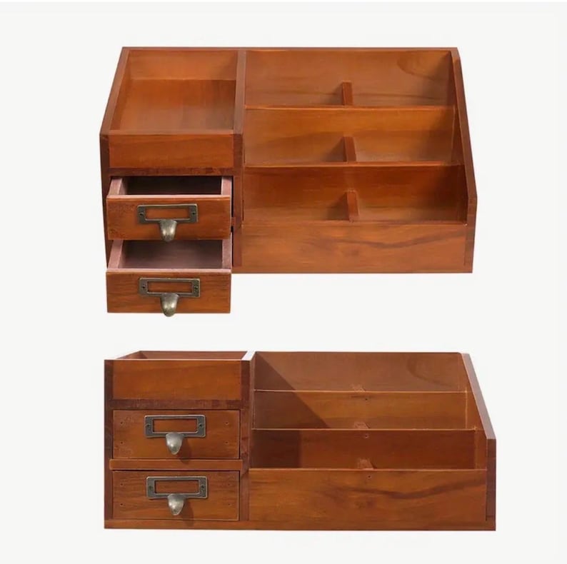 Side view of wooden desk organiser showing multiple storage sections