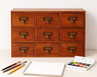 Vintage-Inspired Wooden Storage Organiser 3 or 9 Drawers Artist Desk Organiser Pine Wood Studio Cabinet Creative Gift