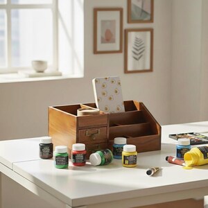 Wooden art supply organiser on a desk with paints and creative tools