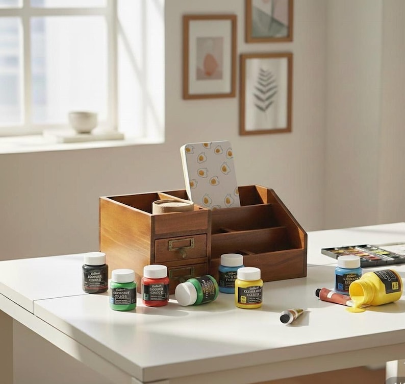 Wooden art supply organiser on a desk with paints and creative tools