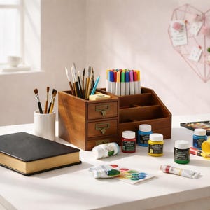 Vintage style wooden desk storage box with small drawers and compartments
