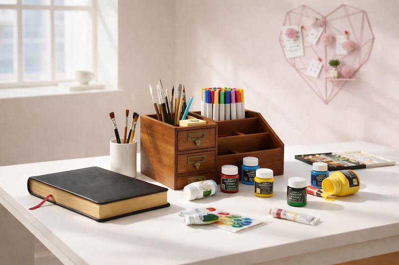 Vintage style wooden desk storage box with small drawers and compartments