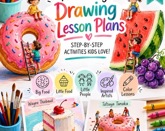 May include: An illustrated advertisement for children's drawing lesson plans. The image shows a pink donut, a watermelon slice, and small figures. Text includes "Fun & Easy Drawing Lesson Plans" and "Step-by-Step Activities Kids Love!"