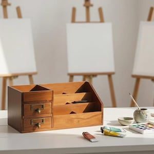 Vintage Wooden Desk Organiser with Drawers Artist Storage Pine Wood Studio Organiser Creative Workspace