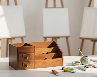 Vintage Wooden Desk Organiser with Drawers Artist Storage Pine Wood Studio Organiser Creative Workspace