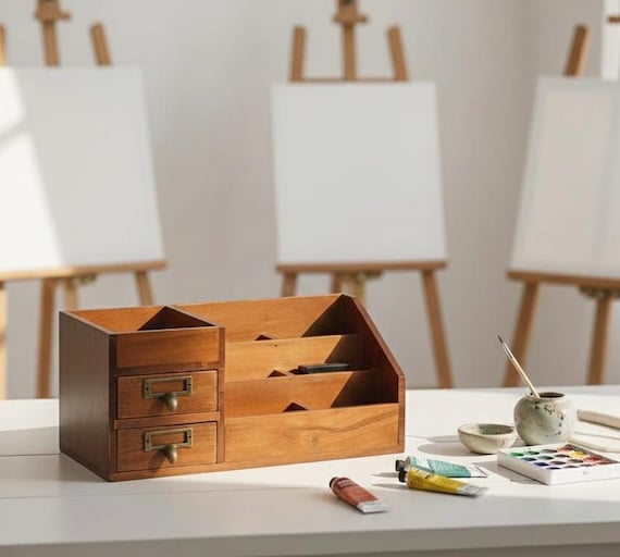 Vintage-Inspired Wooden Desk Organiser with Drawers Artist Storage Pine Wood Studio Organiser Creative Workspace