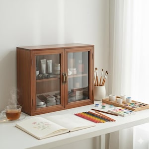 Puede incluir: Un mueble de madera marrón con puertas de cristal, lleno de productos de belleza, está sobre un escritorio blanco. Una taza de té, materiales de arte y un cuaderno de bocetos abierto con un diseño floral también están sobre el escritorio.