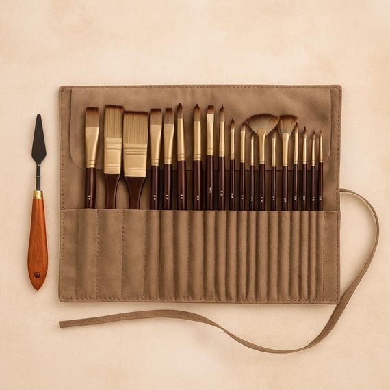 Professional Artist Brush Set with Palette Knife in Suede Roll case Travel Acrylic Oil Artist Gift