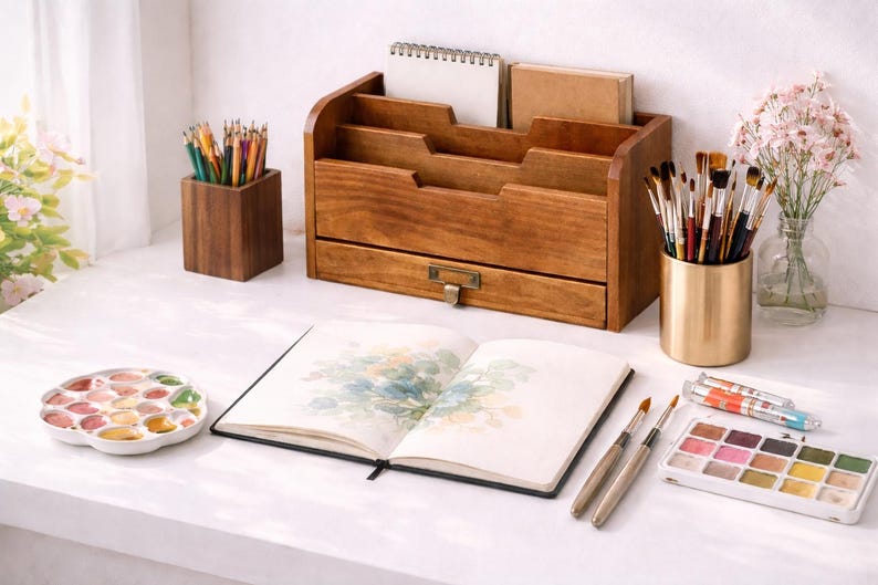 Wooden desktop organiser with three compartments and open drawer on a white table styled with an open sketchbook watercolor paints brushes wooden brush holders and art tools creating a calm artist workspace