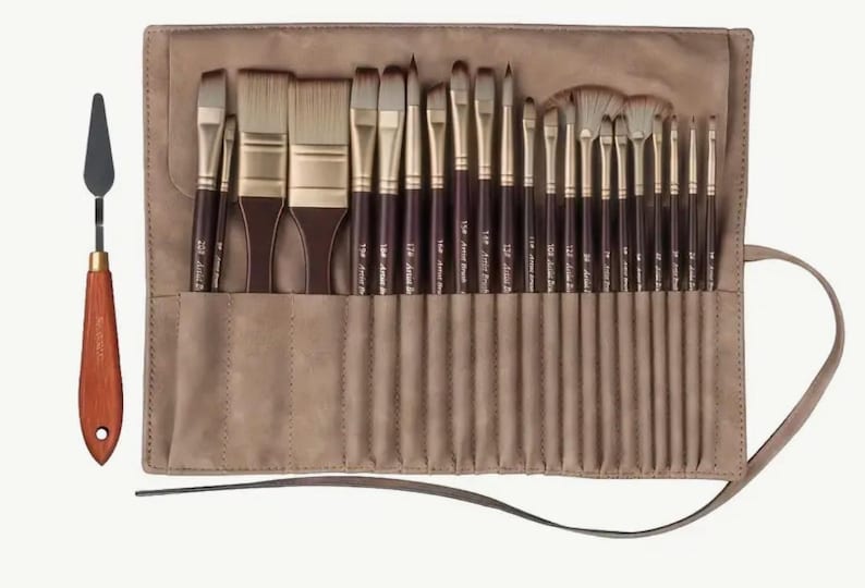 Professional Artist Brush Set with Palette Knife in Suede Roll case Travel Acrylic Oil Artist Gift image 4