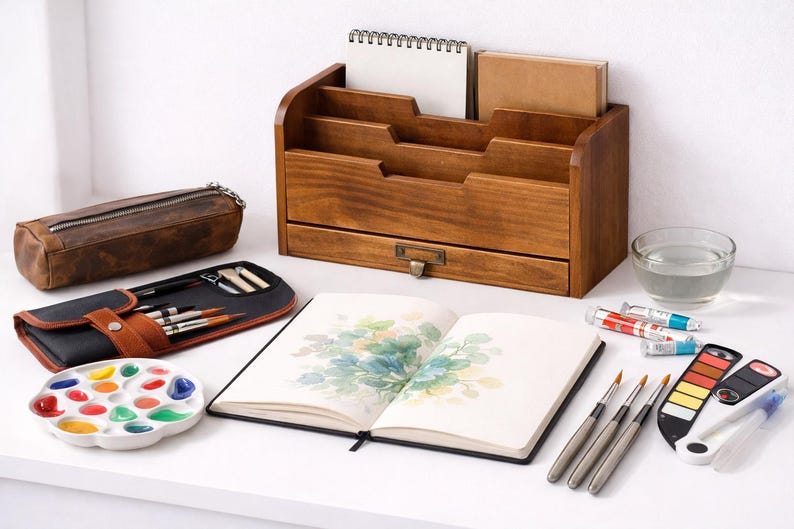 Vintage wooden desk organiser styled with sketchbook watercolor paints brushes and art tools on a white table