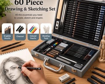 May include: A 60-piece drawing and sketching set in a gray carrying case. The set includes graphite pencils, charcoal sticks, colored pencils, blending tools, erasers, and a sharpener. The text 60 Piece Drawing & Sketching Set is visible.