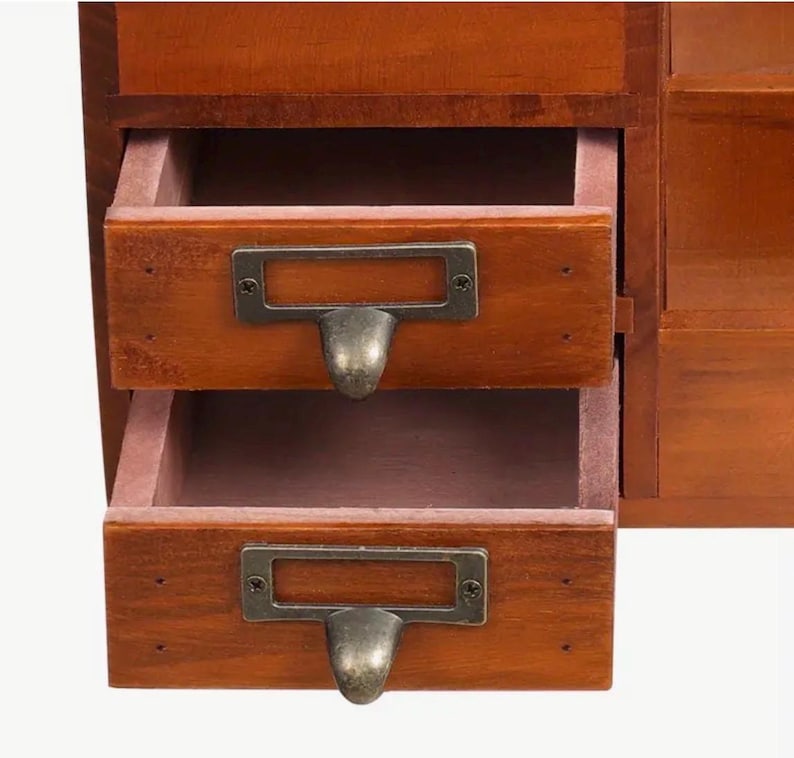 Interior view of small wooden storage drawers