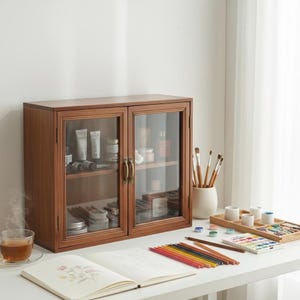 Vintage Wood Display Cabinet Acrylic Doors Storage