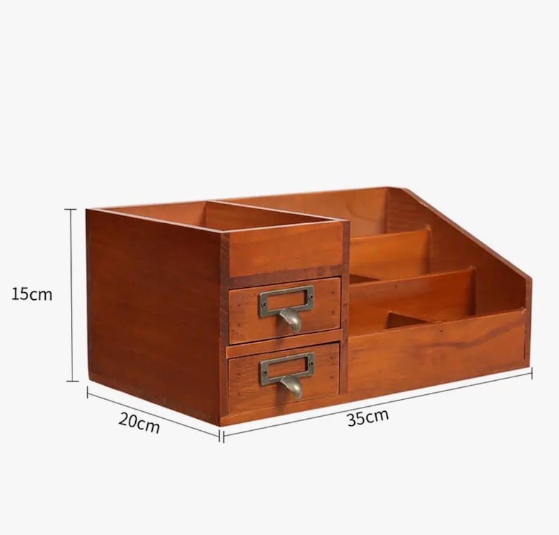 Wooden desk organiser with drawers shown with size measurements