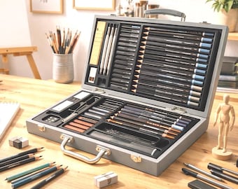 Luxe kunstset in een draagbare houten doos, ideaal als cadeau voor kunstenaars.