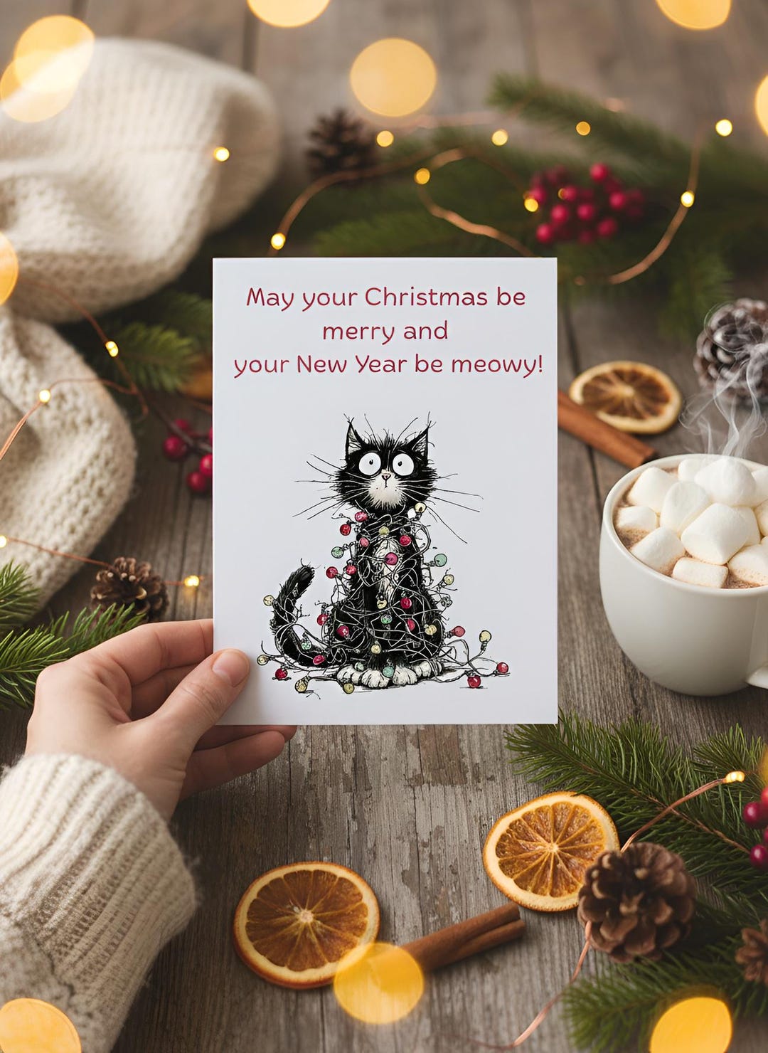 Funny Cat Christmas Card Printable, Whimsical Holiday Art (instant ...