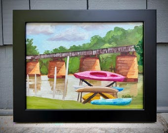 Plein Air Painting: Kayaks by Catawba River, Expressive Landscape Art