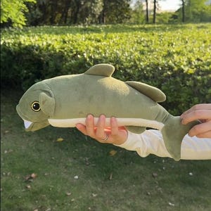 May include: A soft, olive green fish toy with a white underside, fins, and tail. The toy features a detailed design with a smiling mouth and yellow eyes. The fish is held in front of a green grassy background.