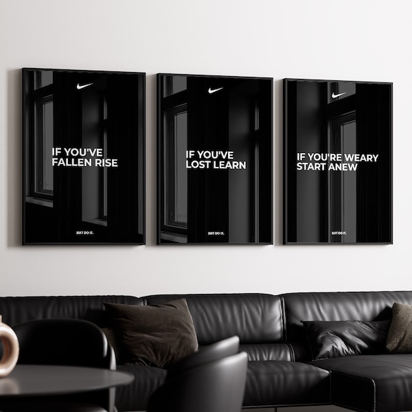 Nike Poster Motivational Quote BLACK DESIGN, Just Do It Poster, Set of 3 Nike Decoration, Nike Poster, Nike Motivation Poster
