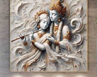 Radha Krishna 3D Painting White Gold, Indian Spiritual Art, Housewarming Gift, 3D Modern Wall Art, Custom Paper Canvas Framed Glass Print
