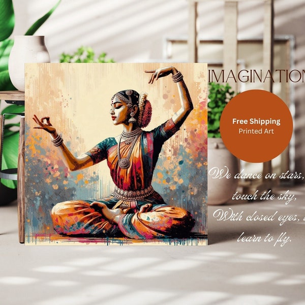 Colorful South Indian Dance Studio Painting Decor, Desi Wall Art, Living room Modern Centerpiece, Sukhasana Pose, Floral Block Print
