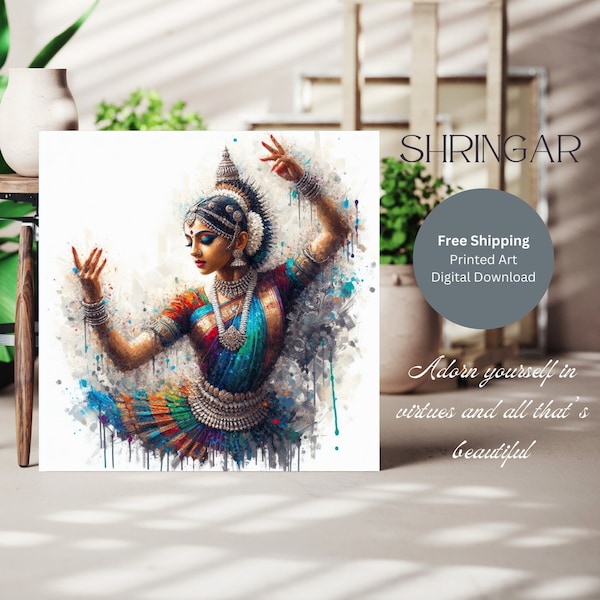 South Indian Wall Art, Bharatnatyam Woman Dancer, Modern Desi Traditional Studio Living Room Decor, Mirror Pose, Digital Download/ Printed