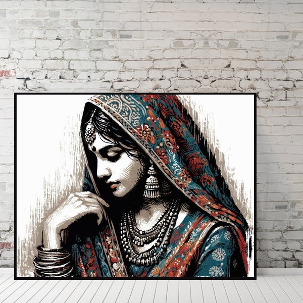 North Indian Woman Wall Art, Desi Traditional Punjabi Village Art, Rustic Modern Home Decor, Colorful Block Print, Digital Download