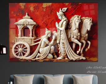 May include: A white 3D relief sculpture of a chariot pulled by two horses. The chariot is being driven by a man in a white robe. The man is kneeling and bowing to another man in a white robe. The background is a red and gold abstract design. Art Digital, 24x36 inches.
