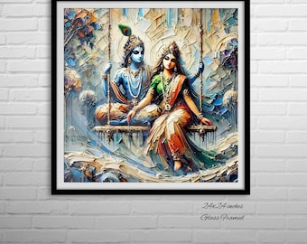Puede incluir: Una pintura enmarcada de una pareja de deidades hindúes, Krishna y Radha, en un columpio. La pintura está realizada en un estilo abstracto y colorido con un fondo azul y blanco. El marco es negro y la pintura mide 61x61 cm.