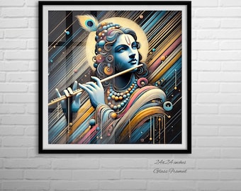 Peut inclure: Une impression d'art abstrait colorée d'une divinité hindoue jouant de la flûte. L'impression présente un schéma de couleurs bleu et or sur un fond noir. L'impression est encadrée dans un cadre noir et mesure 61x61 cm.