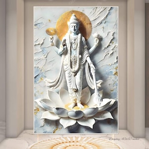 Wisznu Narayan Salon Puja Mandir 3D Posąg ścienny Stojący Spokojny Indyjski Religijny Elegancki Hinduski Bóg Prezent na Parapetówkę 3D Malowidło