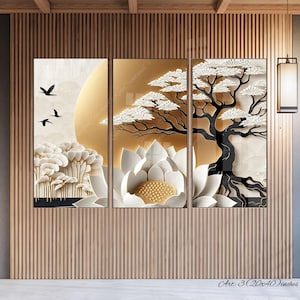 May include: Triptych wall art featuring a serene landscape with a golden sun, stylized trees, and a lotus flower. The artwork is in neutral tones with black accents. The dimensions are 3 (20x40) inches.
