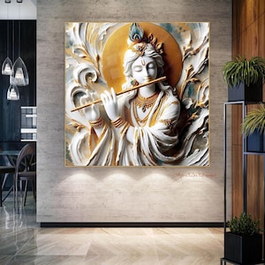 Arte spirituale indiana, idolo da muro di Krishna, regalo di inaugurazione della casa in argilla dorata, dipinto astratto moderno in 3D, grande statua del tempio con cornice in tela di carta