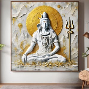 Lord Shiva Varada Mudra, toile acrylique, papier, toile encadrée, oeuvre d&#39;art murale dieu hindou indien, or blanc moderne, statue en pierre art 3D Puja Mandir