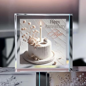 Souvenir de cadeau d'anniversaire, mini gâteau en verre, oeuvre d'art pour gâteau d'anniversaire, impressions photo acryliques personnalisées, message personnalisé, cadre de table