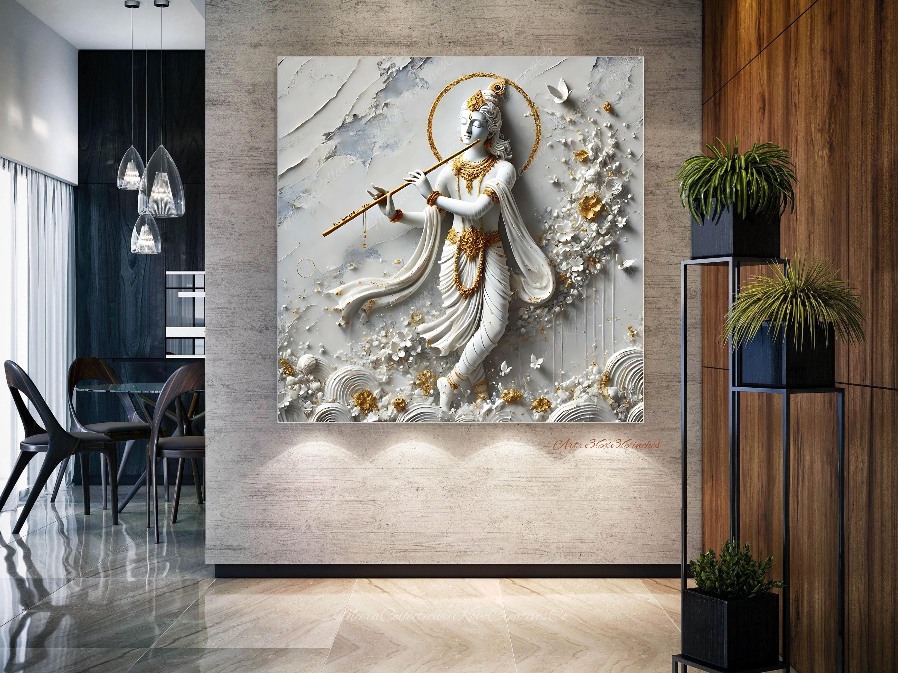 Lord Krishna Flute, Puja room 3D Idol Wall Art, Indian Hindu God Painting, Modern White Gold 3D Full Length Standing Krishna Statue Art