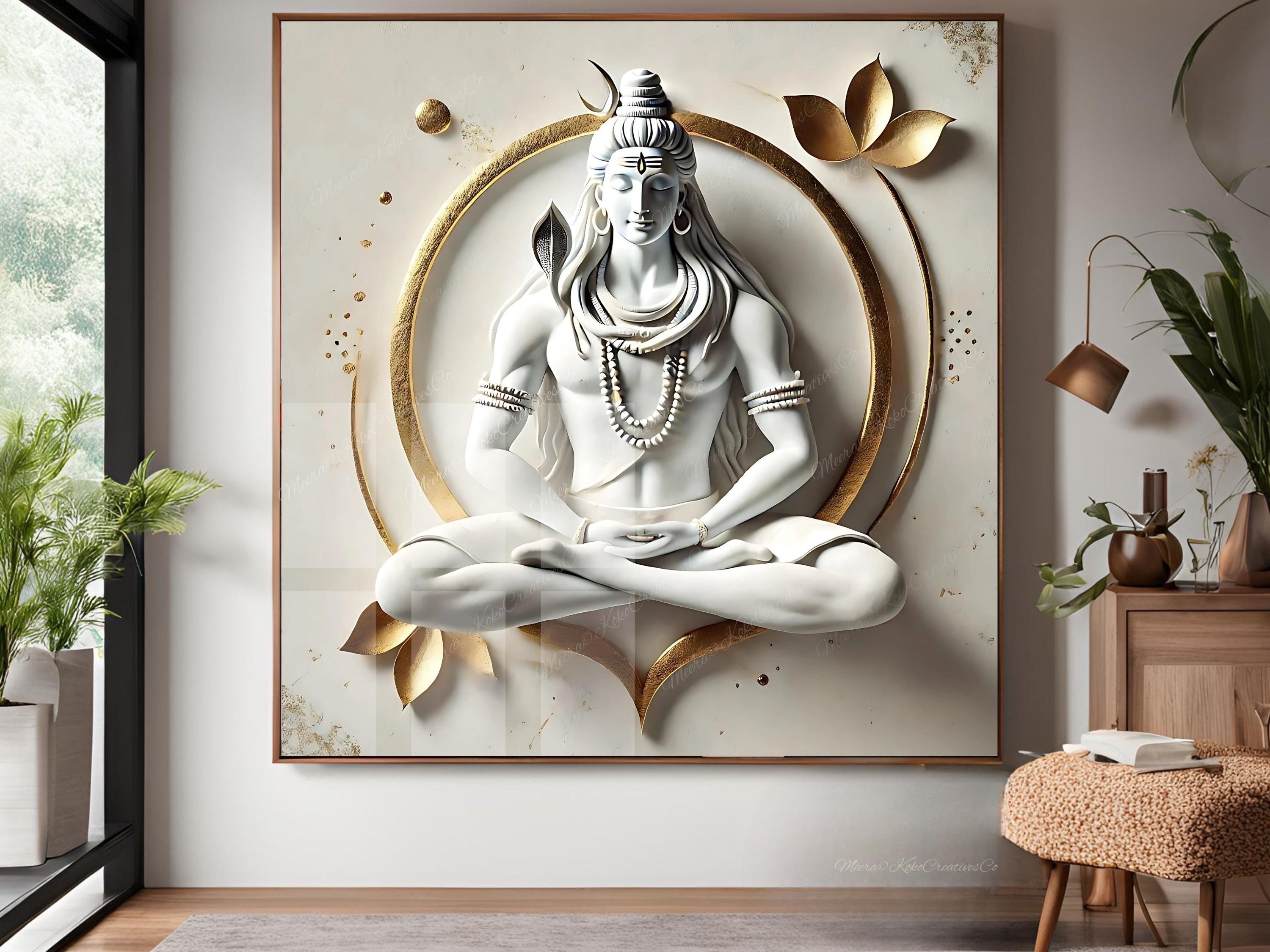 Shiva Statue White, Dhyana Mudra Abstract 3D Art, Glass Canvas