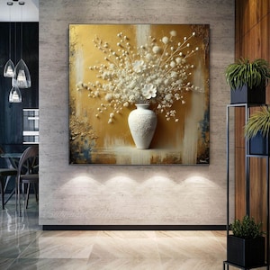 Jarrón de flores, lienzo/póster de arte minimalista 3D grande, jarrón de flores en porcelana blanca, interior contemporáneo, centro de mesa de sala de estar, dorado